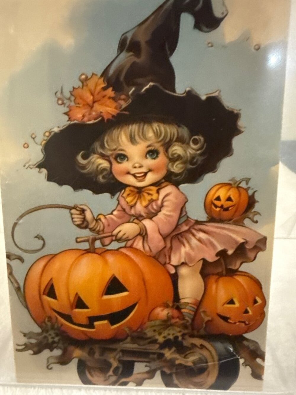 Vintage Halloween Girl Art Print With Pumpkins & Witch Hat 5x7 Clear Acrylic Fra